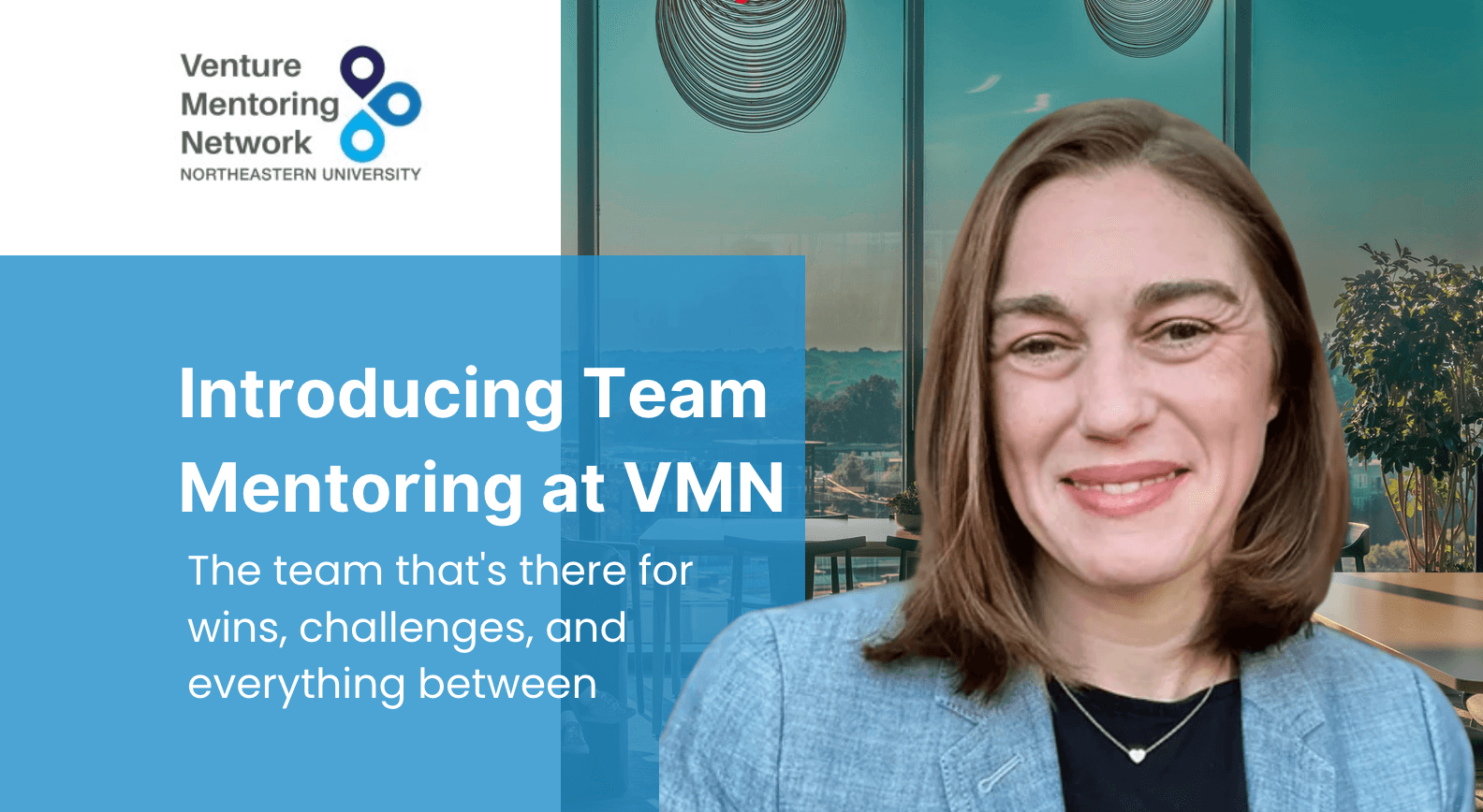 VMN promotional flyer introducing Team Mentoring at Northeastern’s Venture Mentoring Network, featuring Katrina Brink
